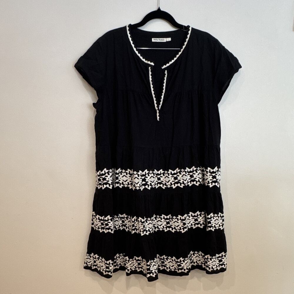 Roller Rabbit Black White Embroidered V-Neck Shift Knee Dress Cotton L